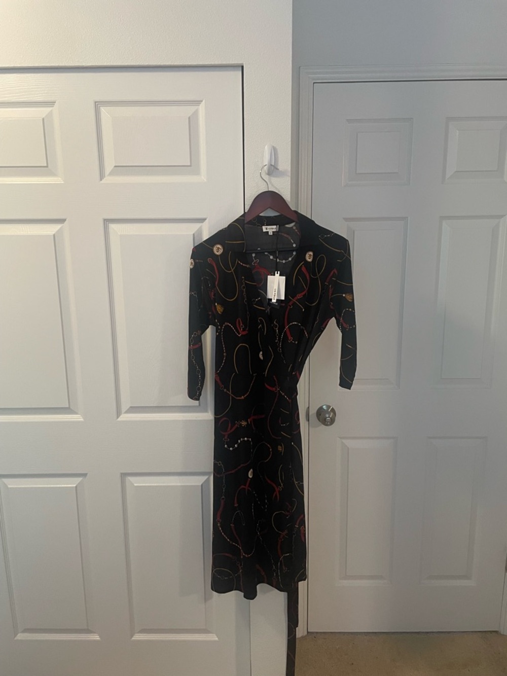 Black Midi Wrap Dress with Red and Gold Chain Print